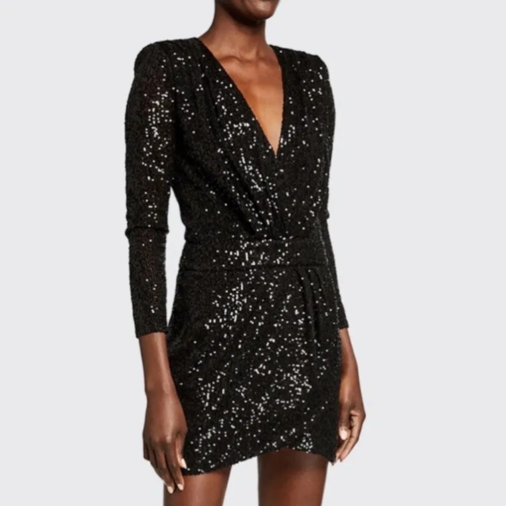 Ramy Brook Dress Black Sequin Becky Long Sleeve Plunge Bodycon Dress Size 4